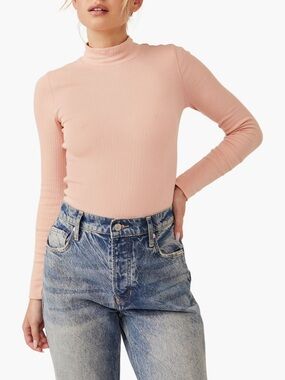 Free People Pale Pink Ribbed Mock Neck Long Sleeve Top